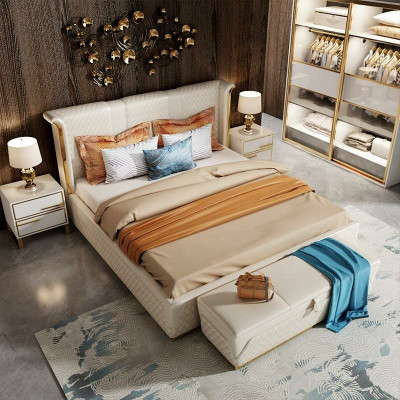 Double bed Classic s Bed Designer Upholstery Beds Frame Textile Leather White