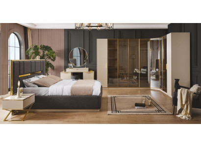 Elegant Bedroom Set 6-piece luxurious Beige Furniture Wood corner cabinet Bedside table