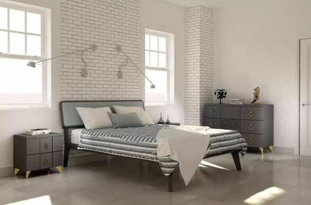 Bedroom Set Luxury Bed 2x Bedside tables Design gray 3-piece Chest of drawers