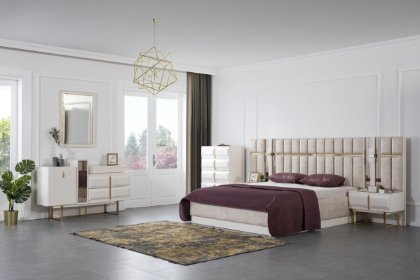 White Bedroom Furniture stainless steel Double bed 2x Bedside tables Console