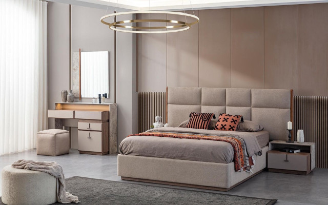 Luxury bedroom furniture Double bed Bedside tables Gray 6-piece Wardrobe Bed