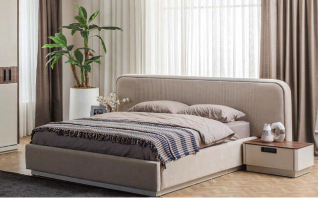 Stylish Bedroom Furniture Designer Upholstery Double bed 2x Bedside tables