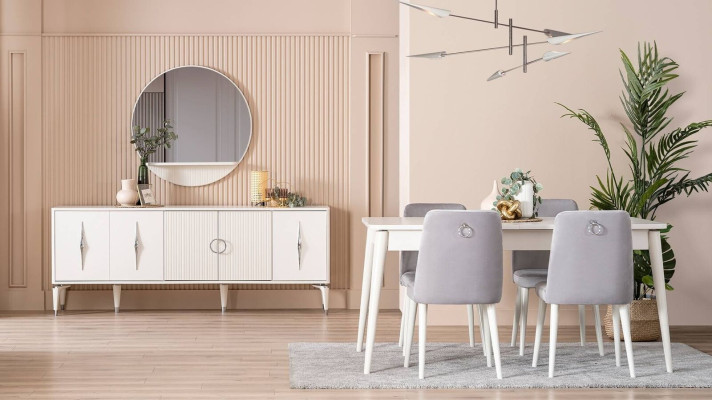Dining set Suite Dining room Dining table set 9-piece dining area White Wood Big