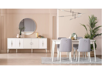 Dining set Suite Dining room Dining table set 9-piece dining area White Wood Big