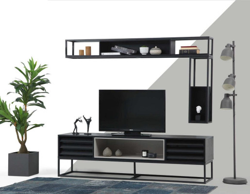Wall unit TV-cabinet Lowboard Shelves TV Stand Set Wood Modern Black Design