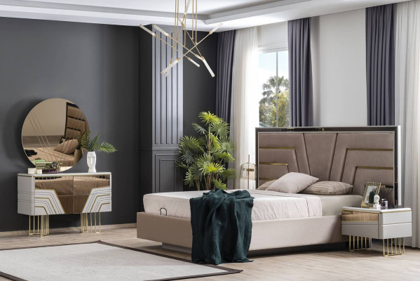 Bedroom Set Bed 2x Bedside tables Chest of drawers Mirror Luxury Set 5pcs