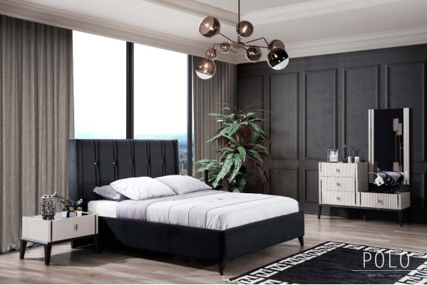 Black Bedroom Set Designer Bed 2x Wood Bedside tables Dressing table