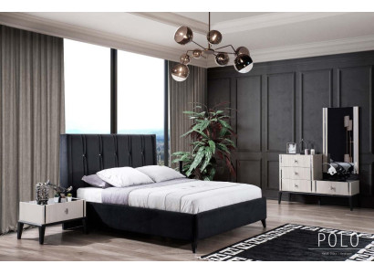 Black Bedroom Set Designer Bed 2x Wood Bedside tables Dressing table