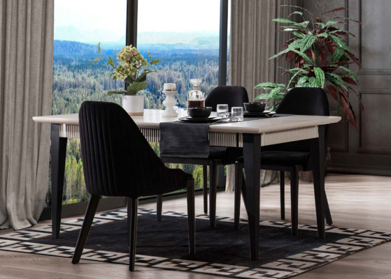 Stylish Dining room Furniture Designer White Dining table 4x Black dining chairs