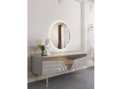 Modern silver sideboard round mirror LED lighting designer 2-piece set
