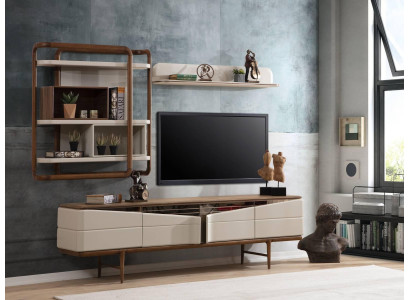 Beige Living room Suite TV cabinet -Lowboard 2x shelves Wood Designer Furniture