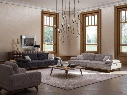 Living room Set Gray Sofa Two-seater with Three-seater Textile Design Coffee table