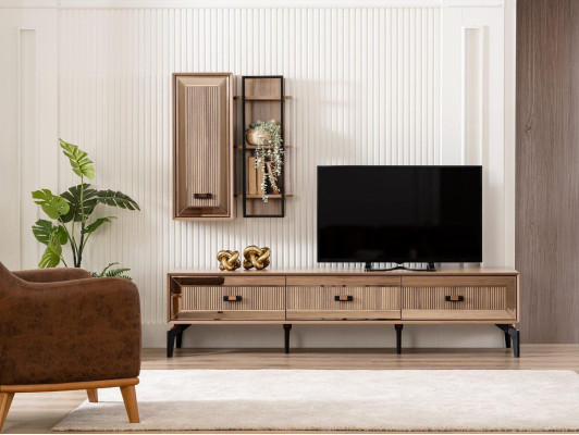 Suite TV Stand Wardrobe TV-cabinet Lowboard Living room Shelves Gold Wood