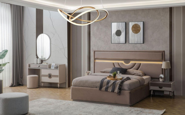 Suite Double bed Bed Bedside tables Beige 6-piece Dressing table Modern