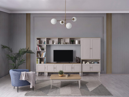 Wall unit Living room wall TV stand Wood TV cabinet Lowboard Gray shelves set