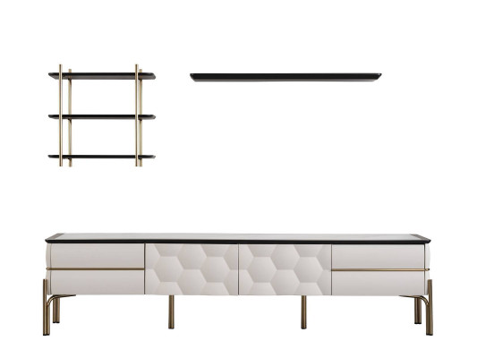 Modern white wall unit, practical TV wardrobe, luxurious shelves, 3-piece set