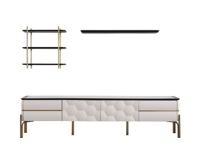 Modern white wall unit, practical TV wardrobe, luxurious shelves, 3-piece set