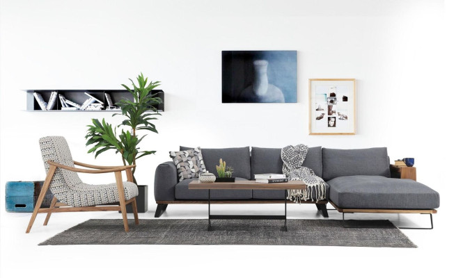 Living room Corner sofa L-shape Sofa set Fabric Gray Modern Design