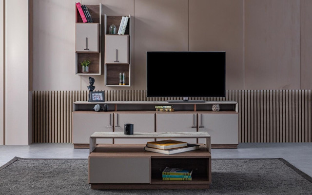 Group Living room TV stand wall cabinets lowboard gray sofa table 3 pieces