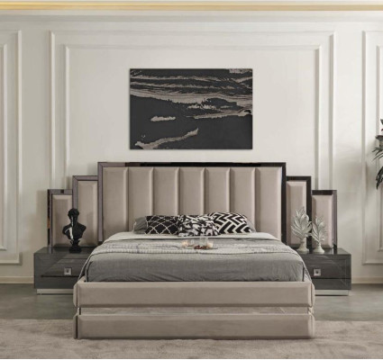 Beige Bedroom Furniture Designer Double bed Luxury Wood Bedside tables