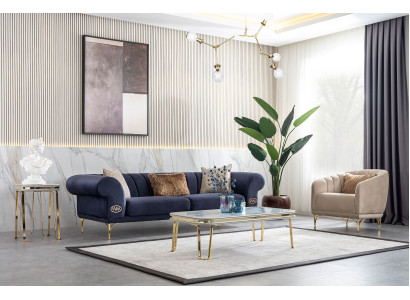 Blue -Beige Living room Set Luxury Sofa set 3+3+1 Seater Design Couch