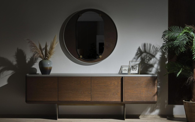 Brown sideboard modern wooden furniture luxury round mirror living room 2 pieces
