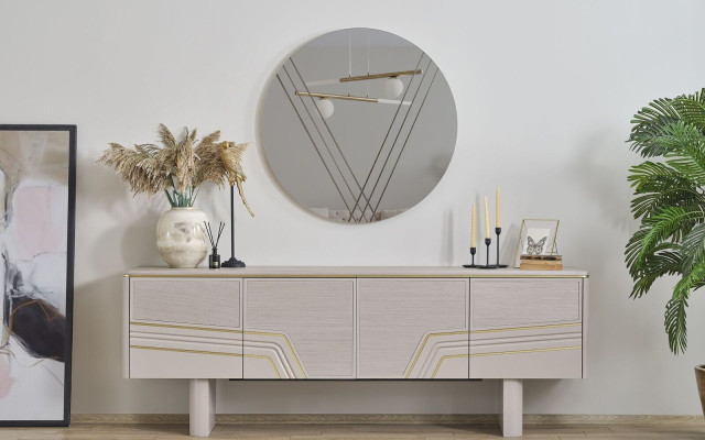 Beige luxury wooden furniture designer sideboard luxury round mirror modern 2-piece