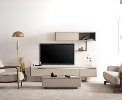 Beige Lowboard Wood Shelf Designer TV cabinet -Wardrobe Living room Luxury Furniture