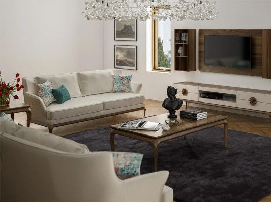 Modern Complete 2x Three Seater Sofa White Textile Living room Design Sofas Couch
