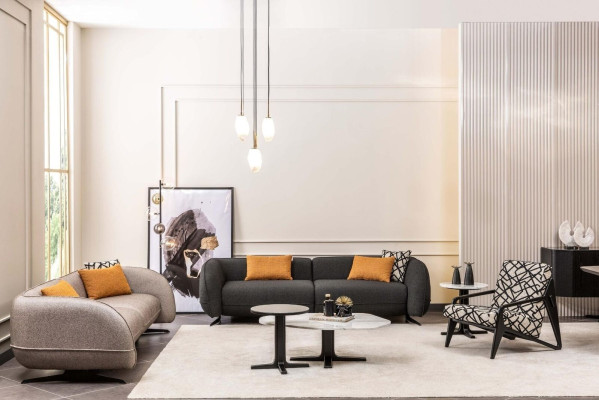 Gray three-seater upholstered sofas armchair coffee tables living room set 6 pieces