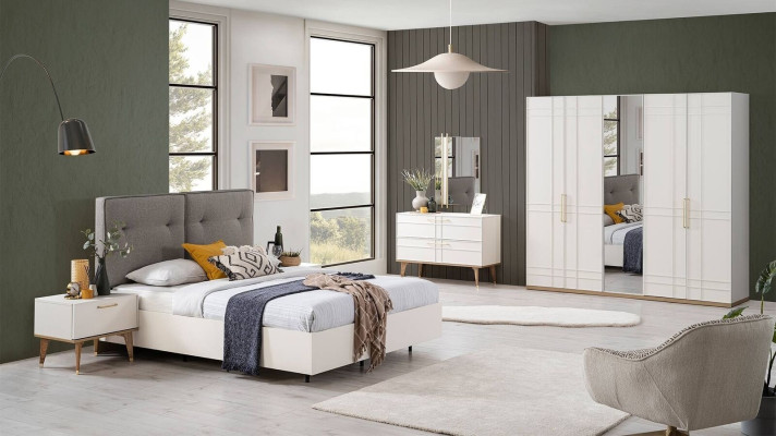 Group Double bed Complete e Bed Bedroom furniture Wood 6-piece set White