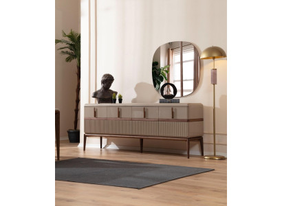 Beige Dining room Furniture Luxury Wood Sideboard 4-door Glass Mirror 2-piece set