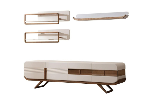 White Living room Wall unit Designer Lowboard 2x Shelves Wood Furniture 4pcs