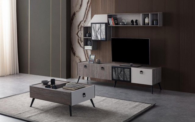 Group Living room TV stand wall cabinets lowboard gray sofa table 3 pieces