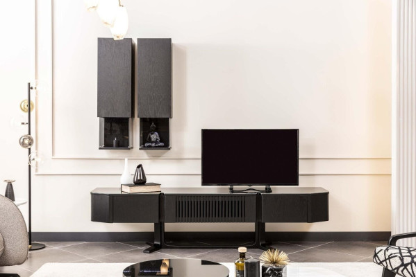 Black Wall unit Set Designer Wood TV Lowboard Luxurious x2 Wall Shelves