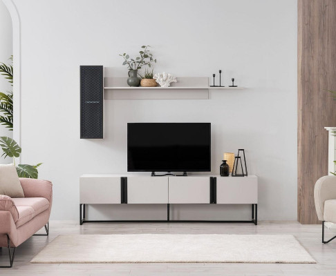 Suite TV Stand Wardrobe TV-cabinet Lowboard Living room Shelves White Wood