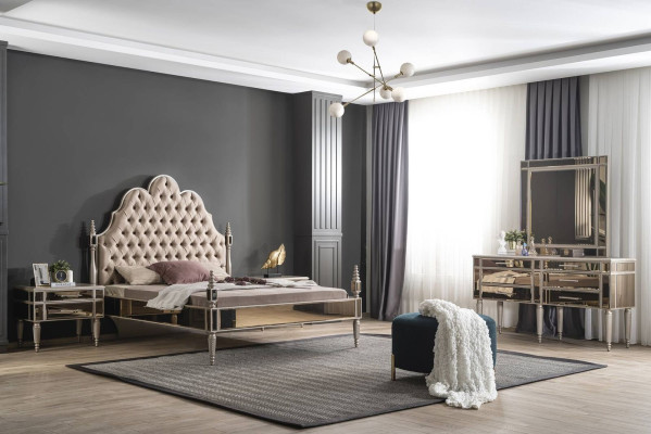 Modern Bedroom Suite Luxury Chesterfield Bed 2x Bedside tables