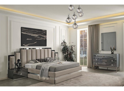 Gray Bedroom Bed Designer Wood Chest of drawers 2x Bedside tables 4-piece set