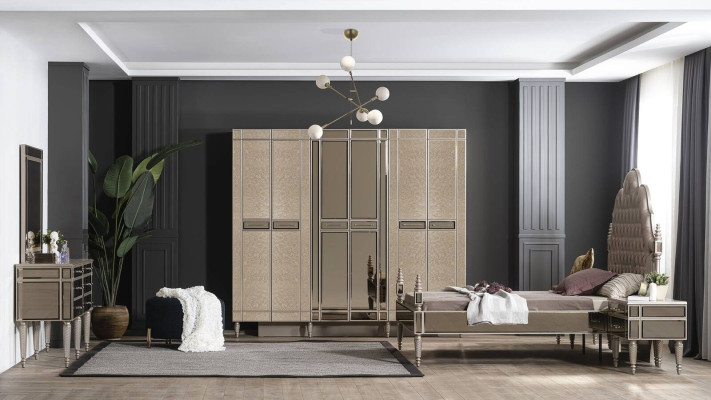 Bedroom Complete's Bed 2x Bedside tables Chest of drawers with Mirror 5pcs