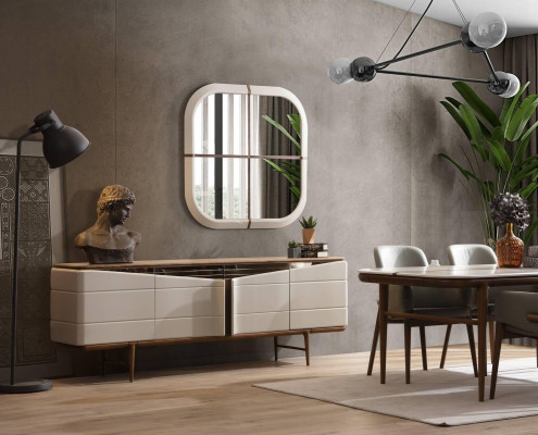 Dining room Set Beige Sideboard Rectangular Mirror Luxurious Wood Furniture