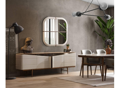 Dining room Set Beige Sideboard Rectangular Mirror Luxurious Wood Furniture