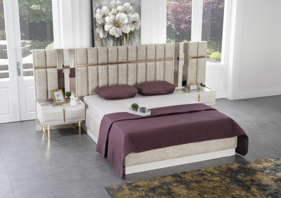 Modern Bedroom Suite Beige Double bed Luxury White Bedside tables