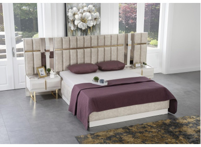 Modern Bedroom Suite Beige Double bed Luxury White Bedside tables