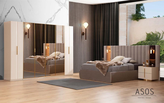 Beige Bedroom Suite Designer Bed Wardrobe 2x Bedside tables