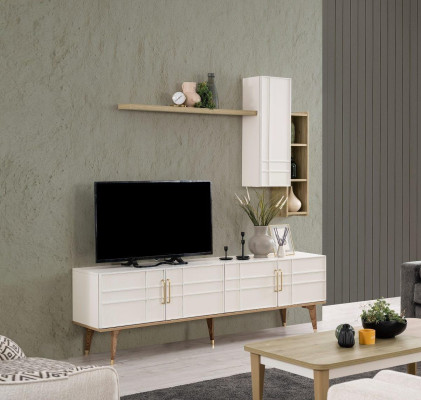 Suite TV Stand Wardrobe TV-cabinet Lowboard Living room Shelves White Wood