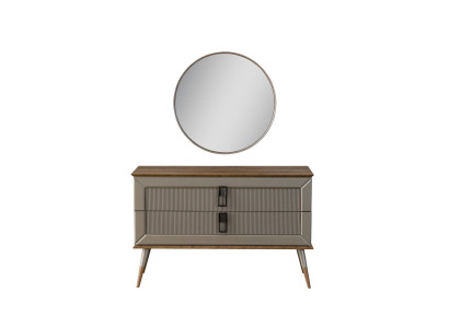 Brown designer chest of drawers elegant round mirror luxury dressing table set 2 pieces
