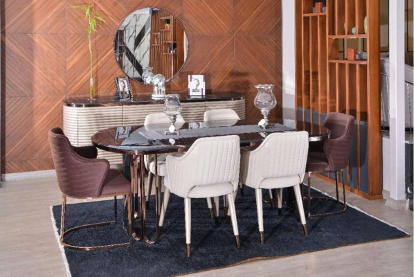 Dining room Dining set Dining corner Luxury Dining table Chairs Beige Set 9pcs Wood