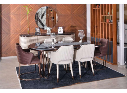 Dining room Dining set Dining corner Luxury Dining table Chairs Beige Set 9pcs Wood