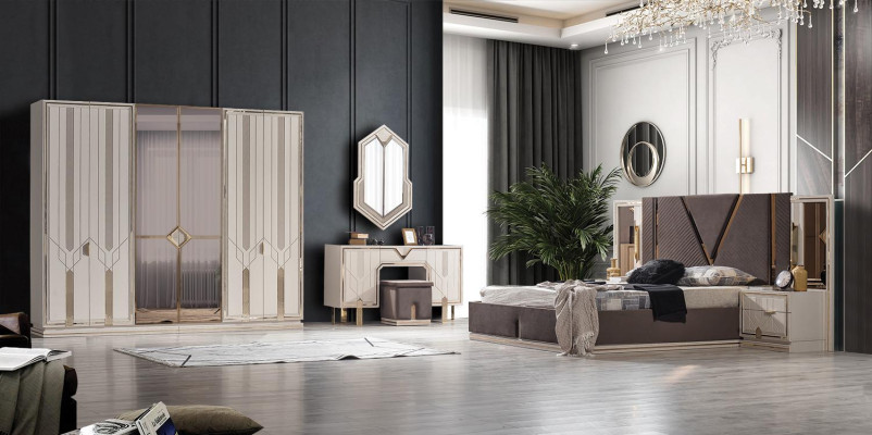 Luxury Bedroom Set Bed 2x Bedside tables Wardrobe Design 7pcs