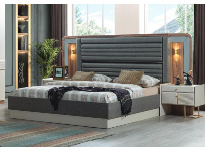 Gray Beds Designer Bedroom Double bed 2x Wood Bedside tables 3pcs